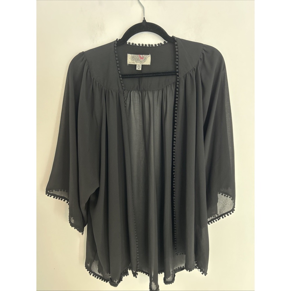 Ecote Women's Medium Sheer Black‎ Kimono Wide Sleeves Open Front Lace Trim